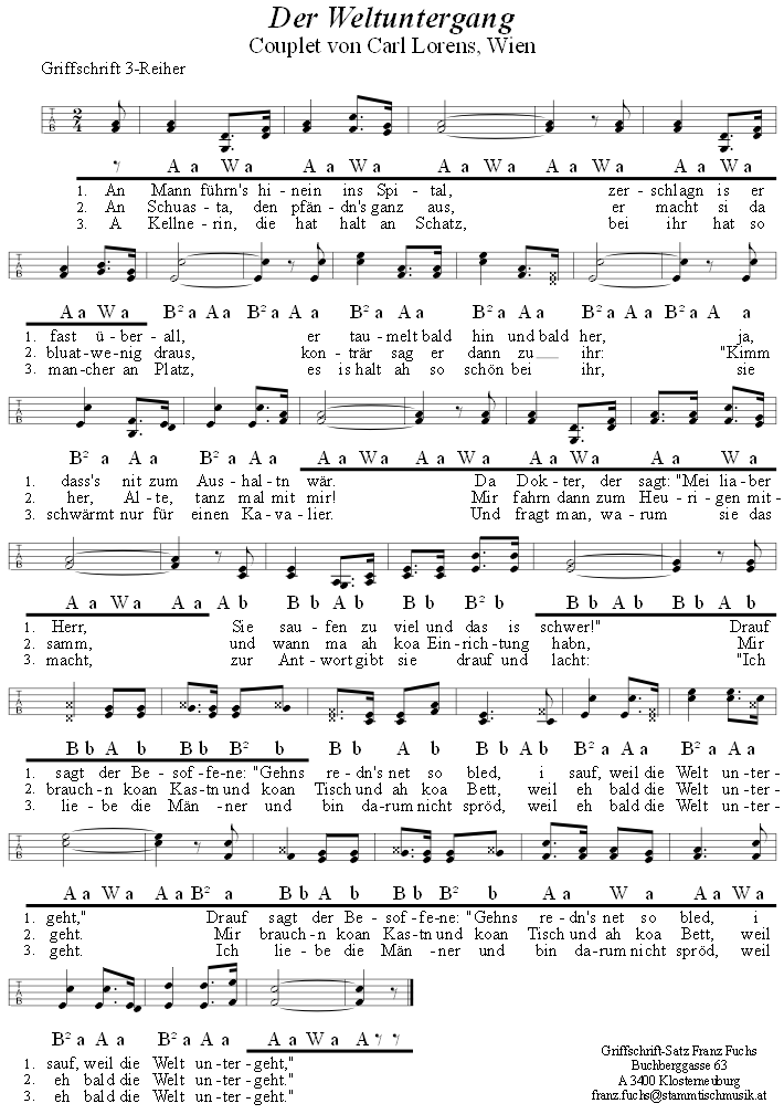 Der Weltuntergang, zweistimmiges Couplet in Griffschrift fr Steirische Harmonika,  
Bitte klicken, um die Melodie zu hren.