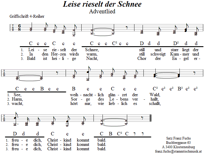Leise rieselt der Schnee, Adventlied in Griffschrift fr Steirische Harmonika. 
Bitte klicken, um die Melodie zu hren.
