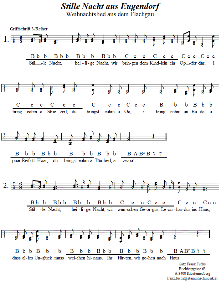Stille Nacht aus Eugendorf, Weihnachtslied in Griffschrift fr Steirische Harmonika. 
Bitte klicken, um die Melodie zu hren.