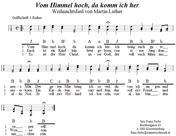 Vom Himmel hoch, da komm ich her, zweistimmiges Lied in Griffschrift fr Steirische Harmonika
Bitte klicken, um die Melodie zu hren.