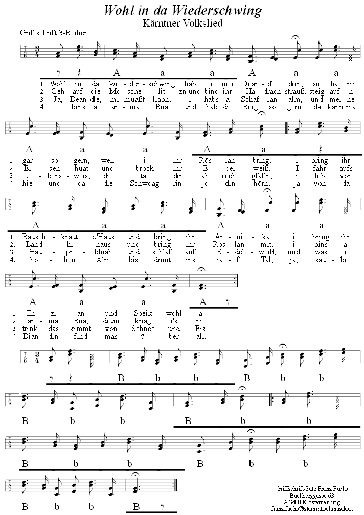 Wohl in da Wiederschwing, zweistimmiges Lied in Griffschrift fr Steirische Harmonika. 
Bitte klicken, um die Melodie zu hren.