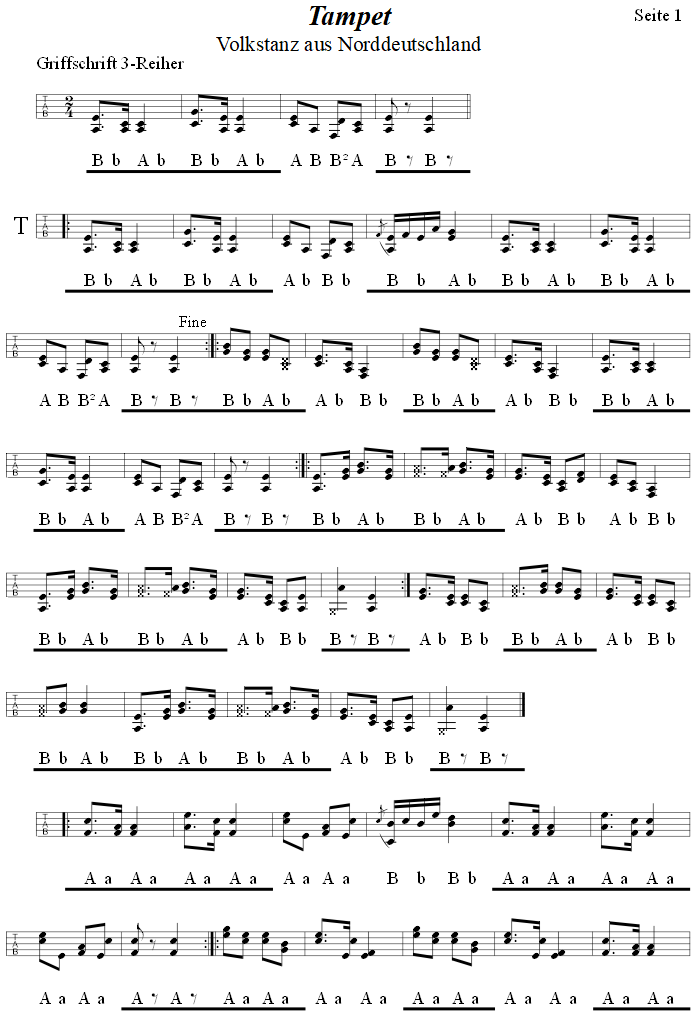 Tampet; Seite 1, in Griffschrift fr steirische Harmonika. 
Bitte klicken, um die Melodie zu hren.