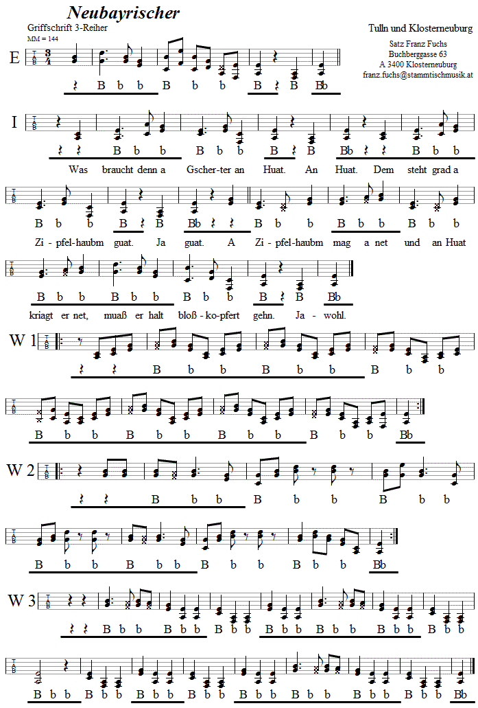 Neubayrischer aus Klosterneuburg und Tulln in Griffschrift fr steirische Harmonika.
Bitte klicken, um die Melodie zu hren.